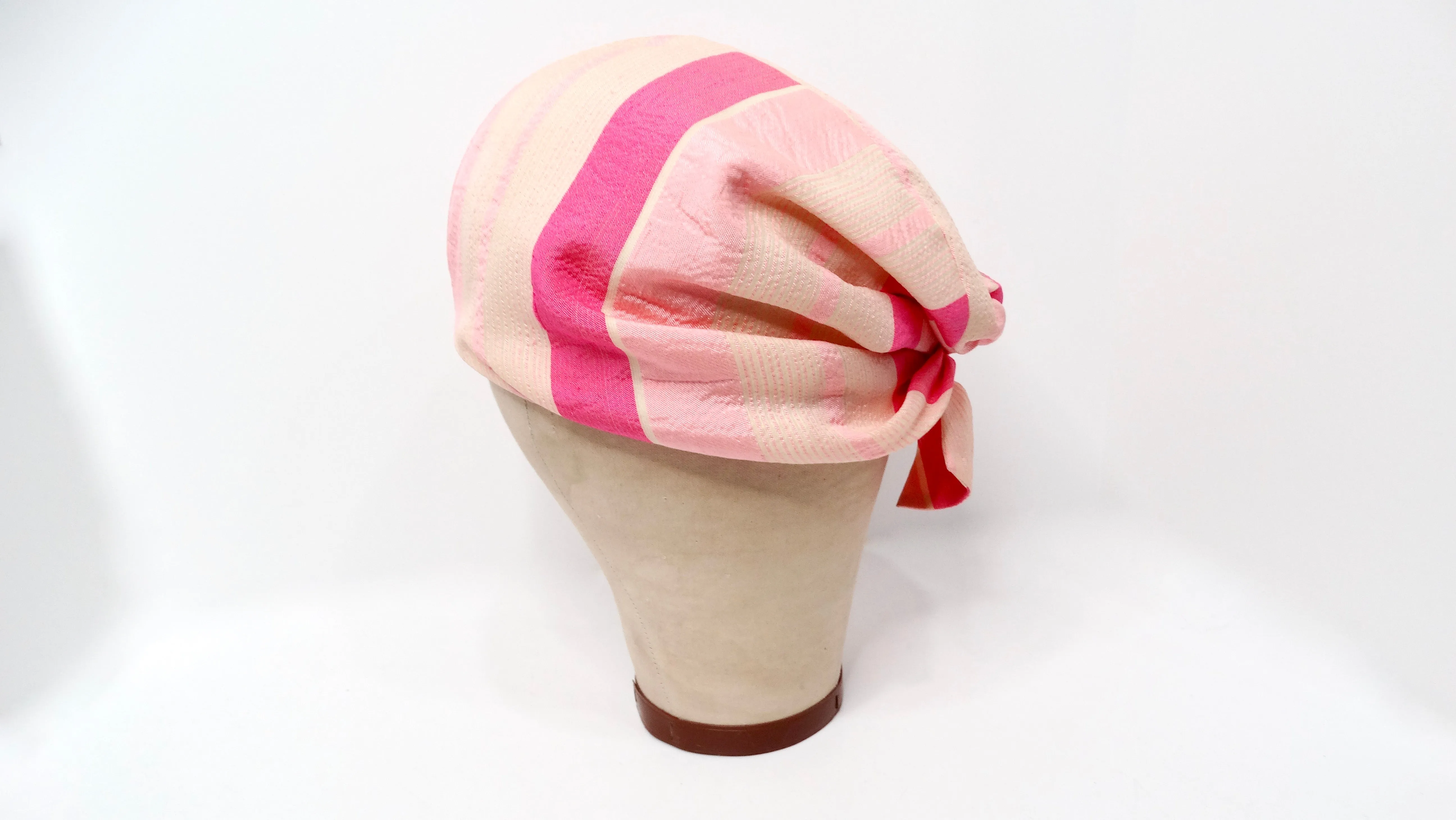1960s Neiman Marcus Custom Pink Stripe Print Silk Turban