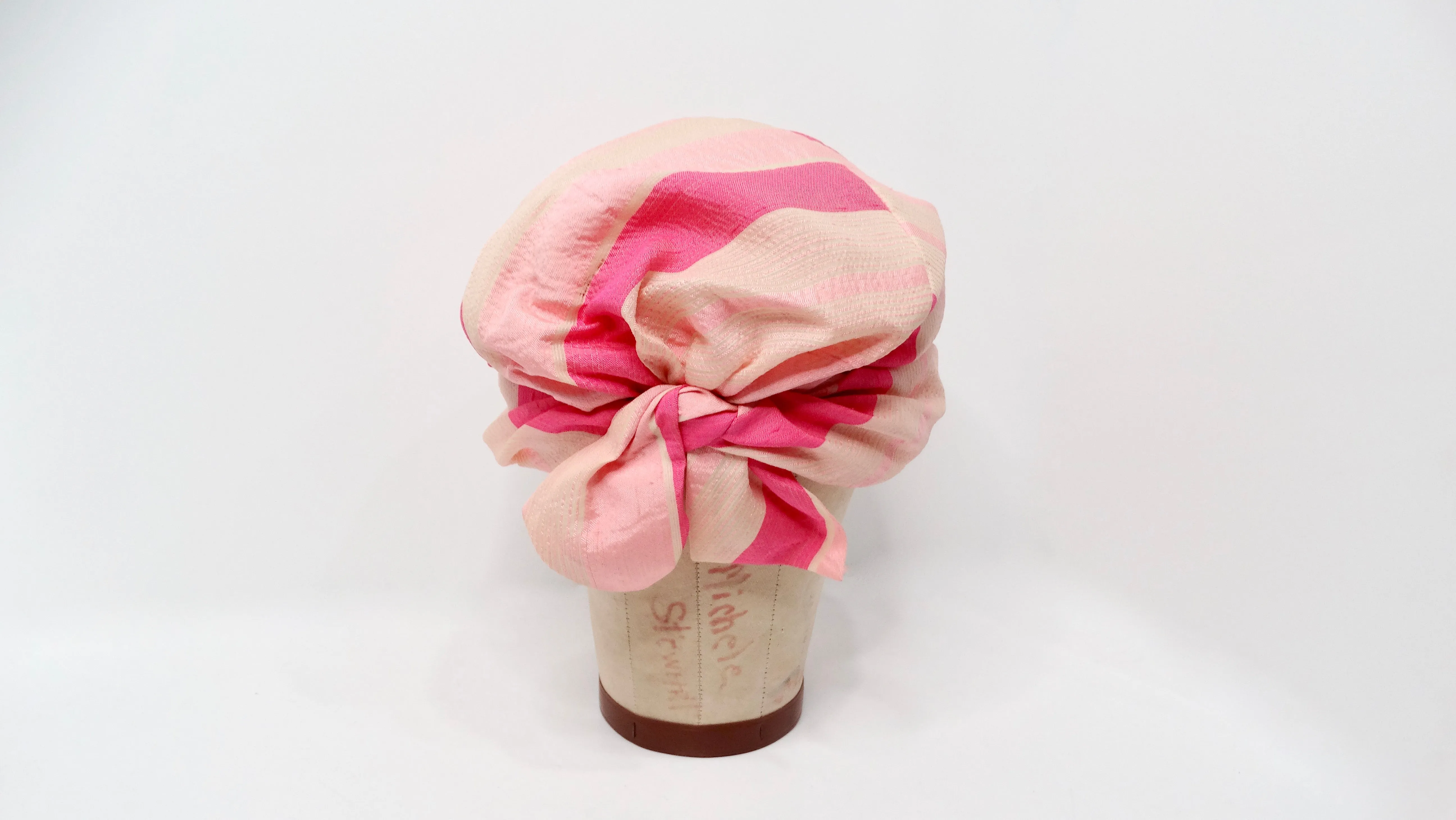 1960s Neiman Marcus Custom Pink Stripe Print Silk Turban