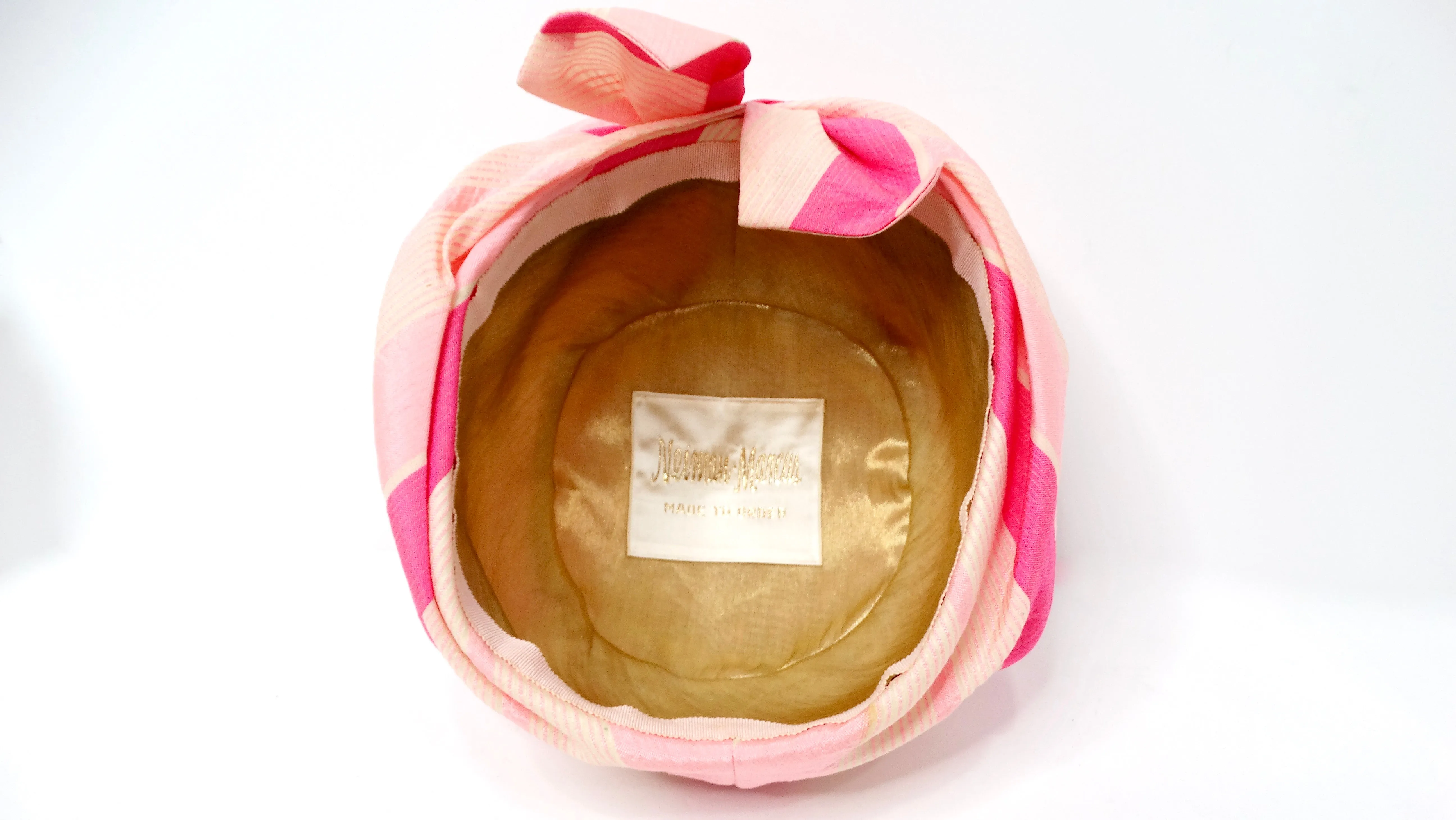 1960s Neiman Marcus Custom Pink Stripe Print Silk Turban