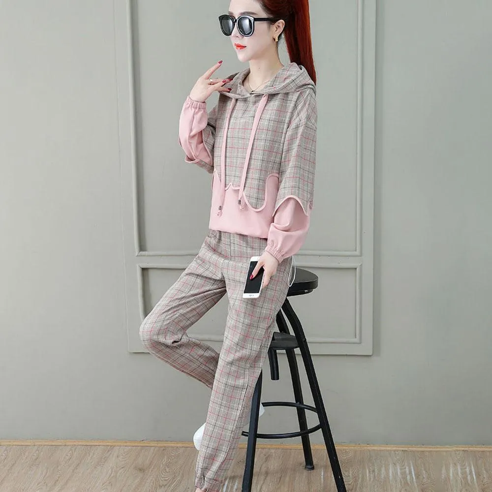 2pcs/set Women Sweatshirt Set Drawstring Plaid Sweatshirt Hoodies Pants 2 Piece Set Women's Sports Suit Female Sportwear Hoodies Suit