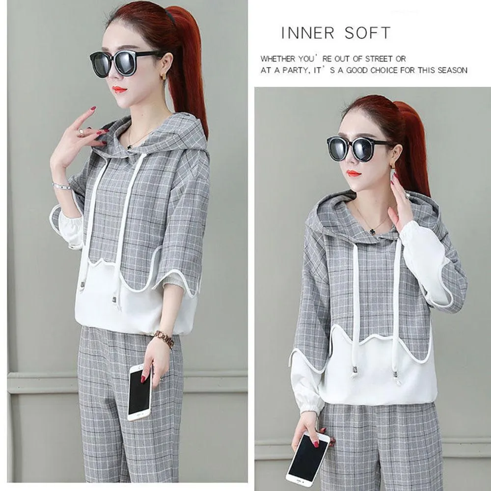 2pcs/set Women Sweatshirt Set Drawstring Plaid Sweatshirt Hoodies Pants 2 Piece Set Women's Sports Suit Female Sportwear Hoodies Suit