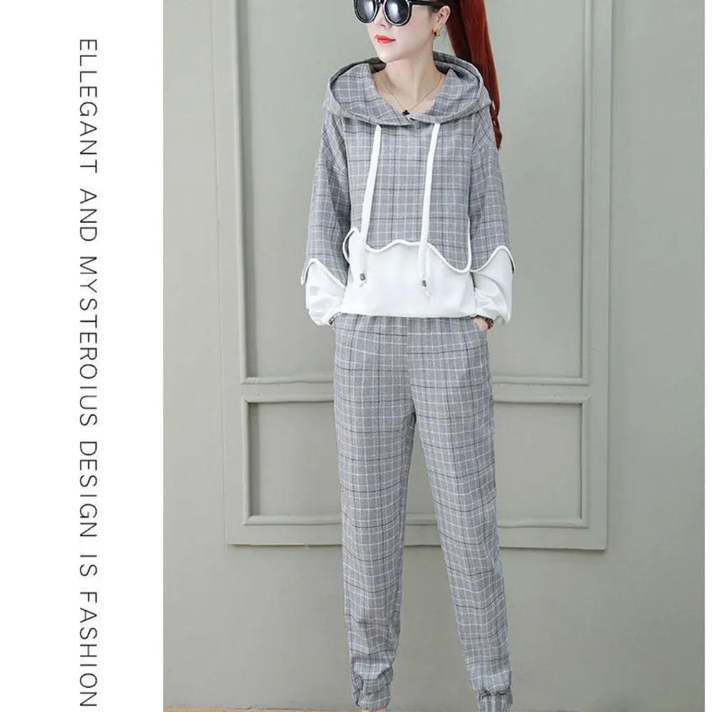 2pcs/set Women Sweatshirt Set Drawstring Plaid Sweatshirt Hoodies Pants 2 Piece Set Women's Sports Suit Female Sportwear Hoodies Suit