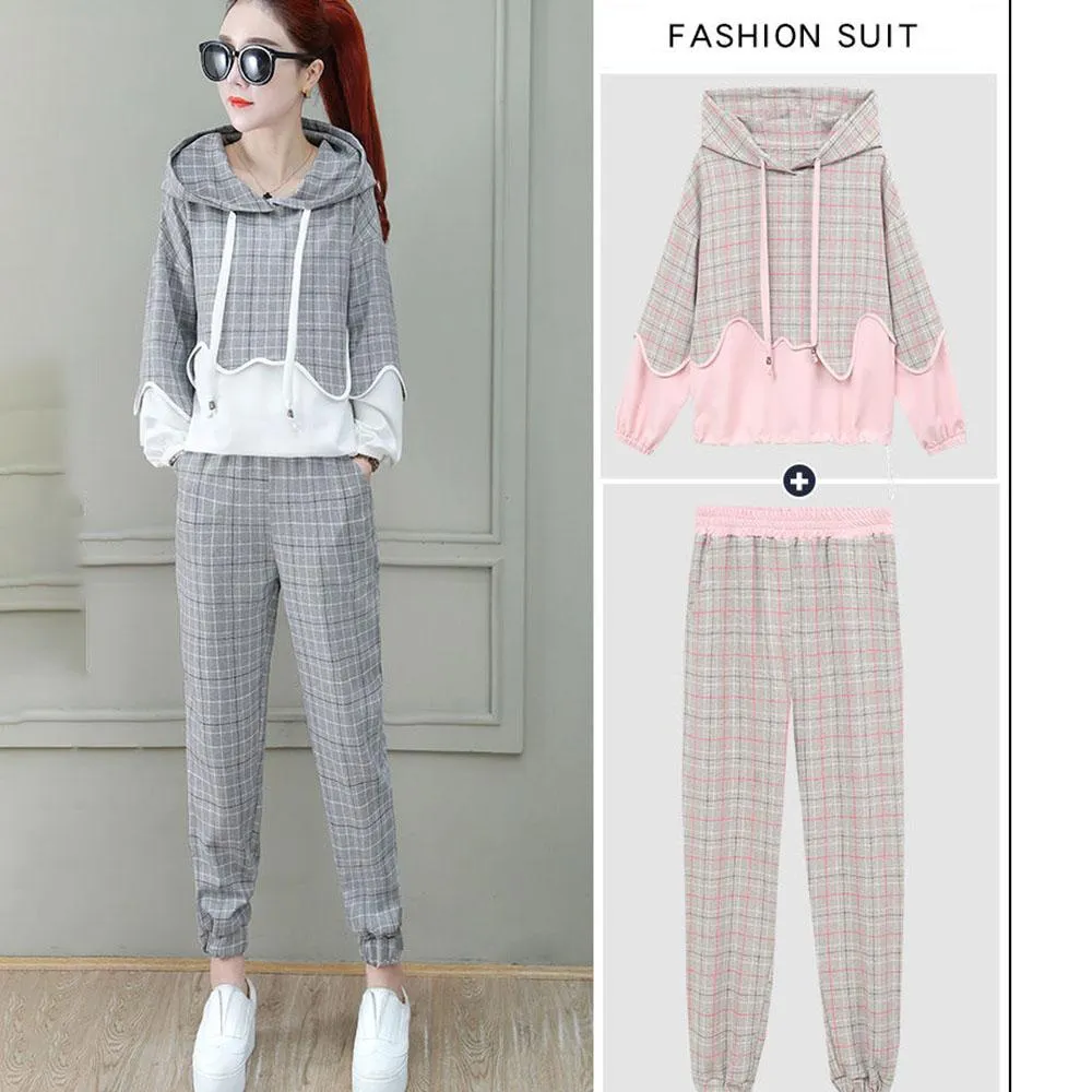 2pcs/set Women Sweatshirt Set Drawstring Plaid Sweatshirt Hoodies Pants 2 Piece Set Women's Sports Suit Female Sportwear Hoodies Suit