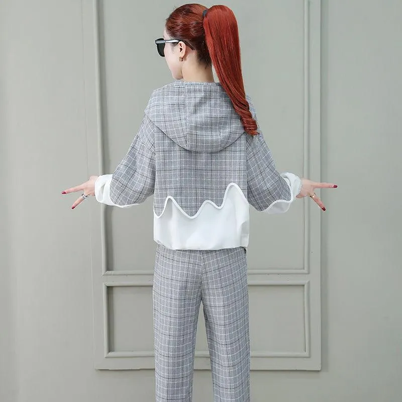 2pcs/set Women Sweatshirt Set Drawstring Plaid Sweatshirt Hoodies Pants 2 Piece Set Women's Sports Suit Female Sportwear Hoodies Suit