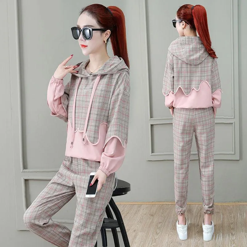 2pcs/set Women Sweatshirt Set Drawstring Plaid Sweatshirt Hoodies Pants 2 Piece Set Women's Sports Suit Female Sportwear Hoodies Suit