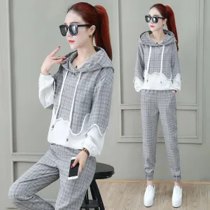 2pcs/set Women Sweatshirt Set Drawstring Plaid Sweatshirt Hoodies Pants 2 Piece Set Women's Sports Suit Female Sportwear Hoodies Suit