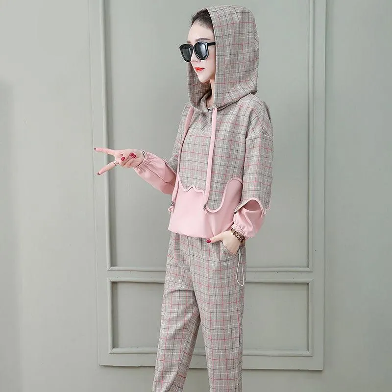 2pcs/set Women Sweatshirt Set Drawstring Plaid Sweatshirt Hoodies Pants 2 Piece Set Women's Sports Suit Female Sportwear Hoodies Suit