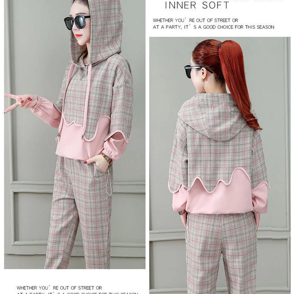 2pcs/set Women Sweatshirt Set Drawstring Plaid Sweatshirt Hoodies Pants 2 Piece Set Women's Sports Suit Female Sportwear Hoodies Suit