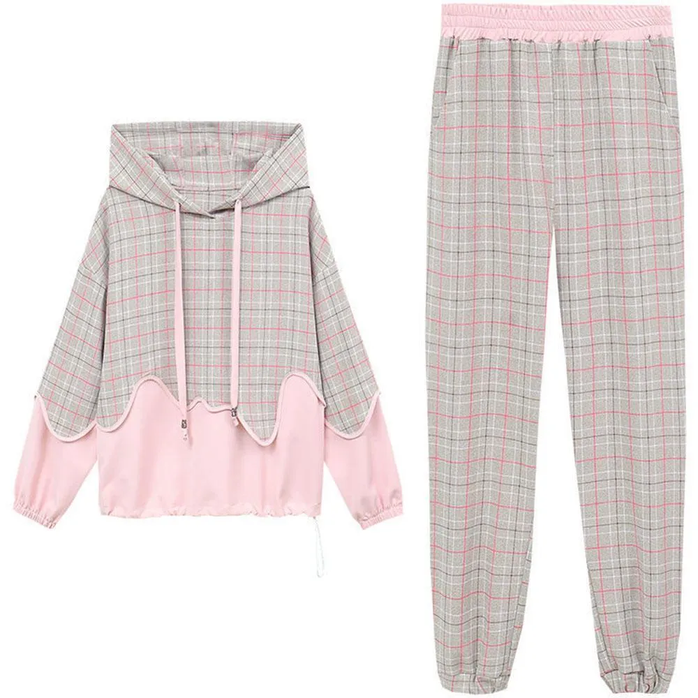2pcs/set Women Sweatshirt Set Drawstring Plaid Sweatshirt Hoodies Pants 2 Piece Set Women's Sports Suit Female Sportwear Hoodies Suit