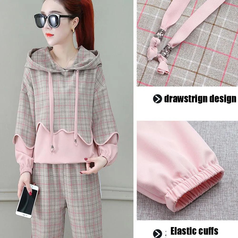 2pcs/set Women Sweatshirt Set Drawstring Plaid Sweatshirt Hoodies Pants 2 Piece Set Women's Sports Suit Female Sportwear Hoodies Suit