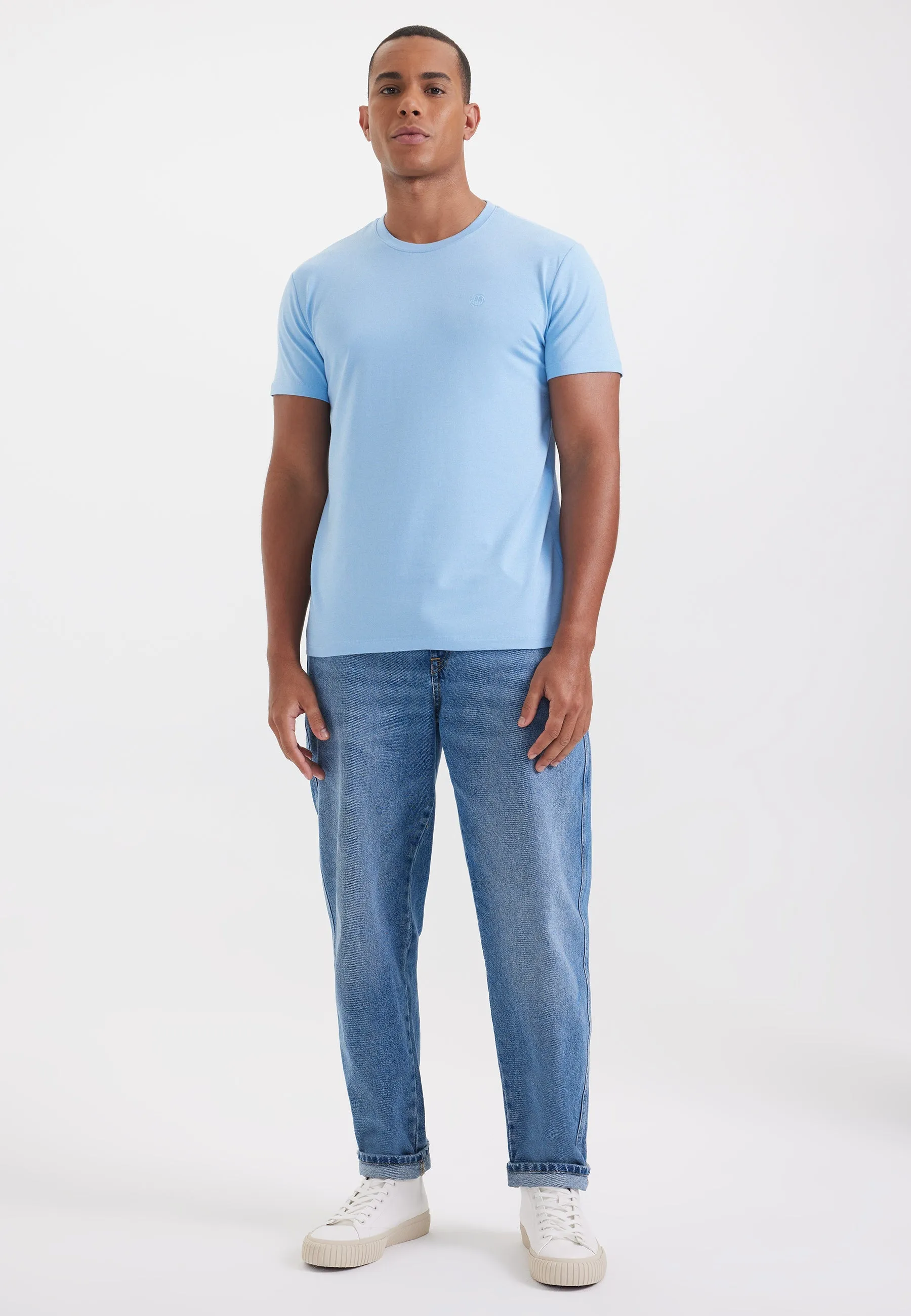 Açık Mavi Bisiklet Yaka Regular Fit Modal Pamuk Karışımlı Basic Erkek T-Shirt PARKER