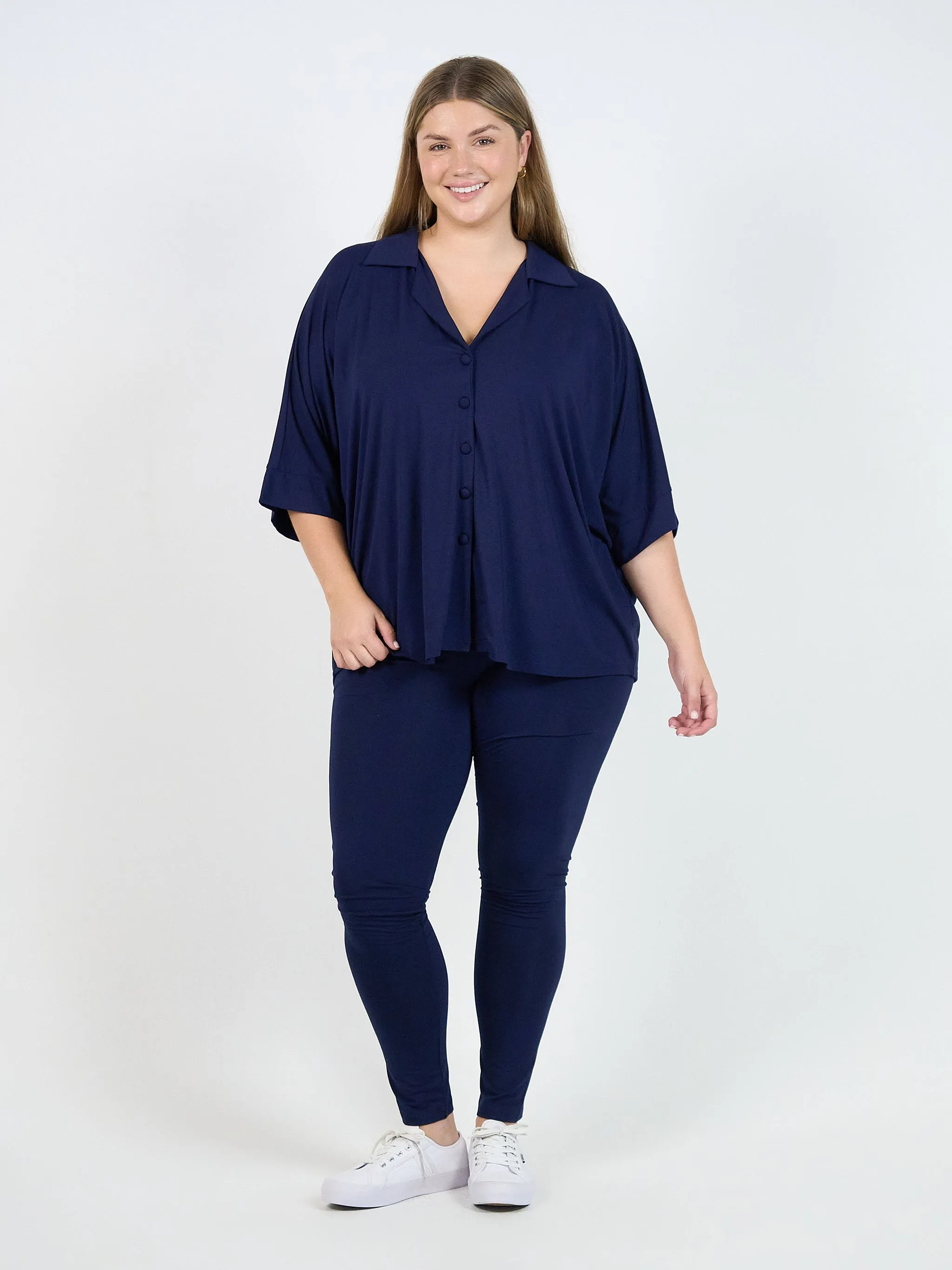Alanis 3/4 Sleeve Collared Shirt - Navy
