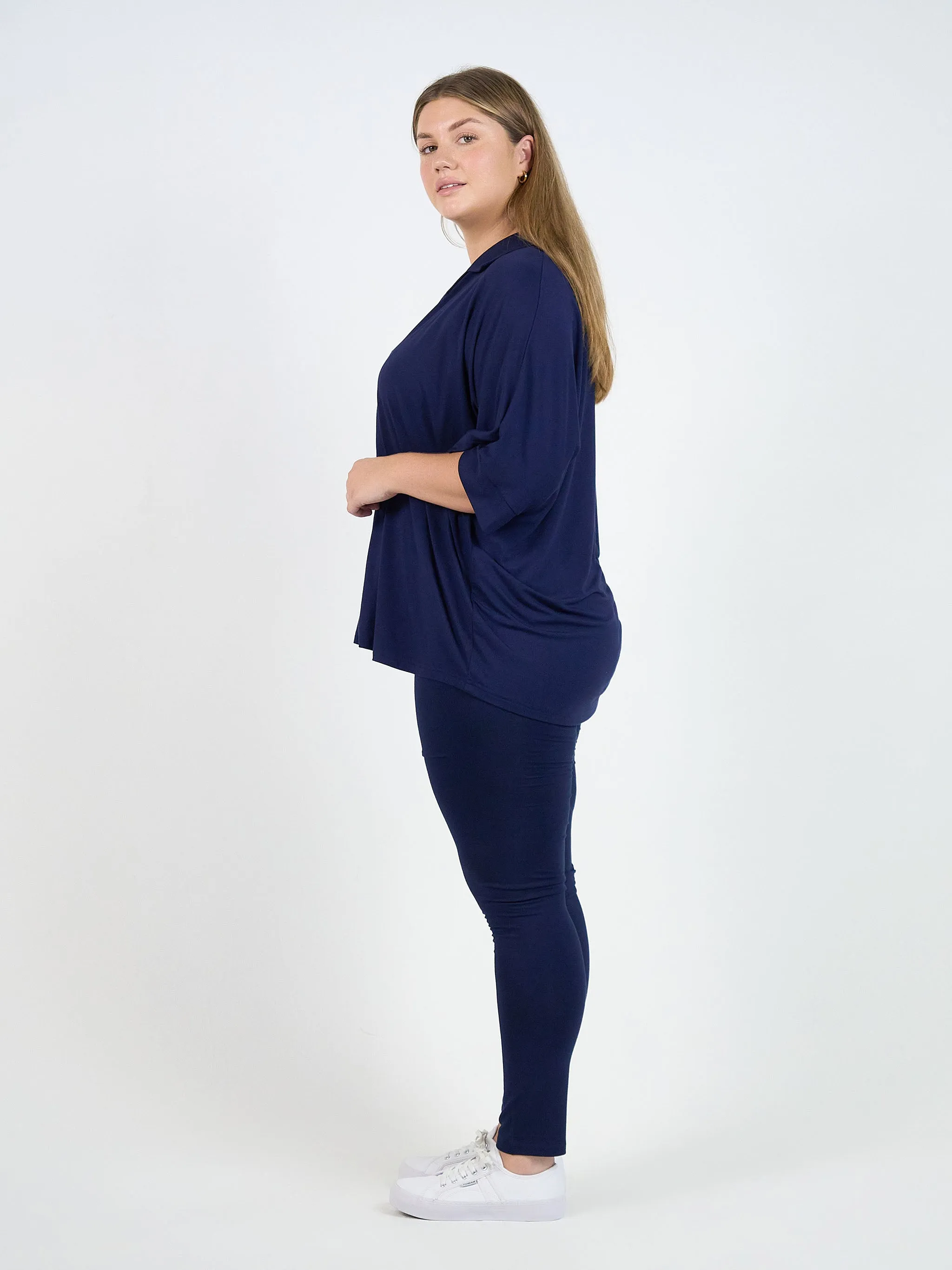 Alanis 3/4 Sleeve Collared Shirt - Navy