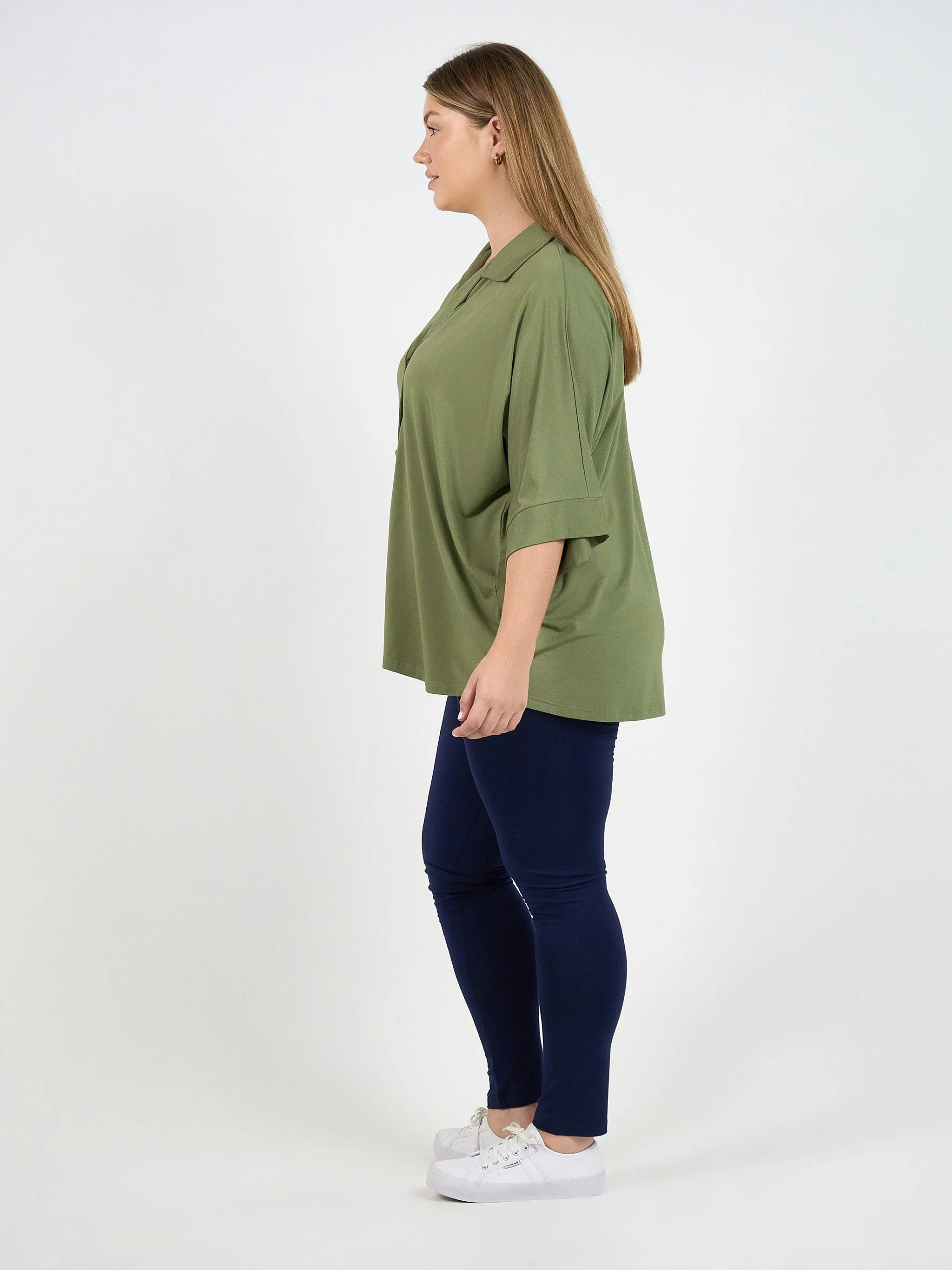 Alanis 3/4 Sleeve Collared Shirt - Olive