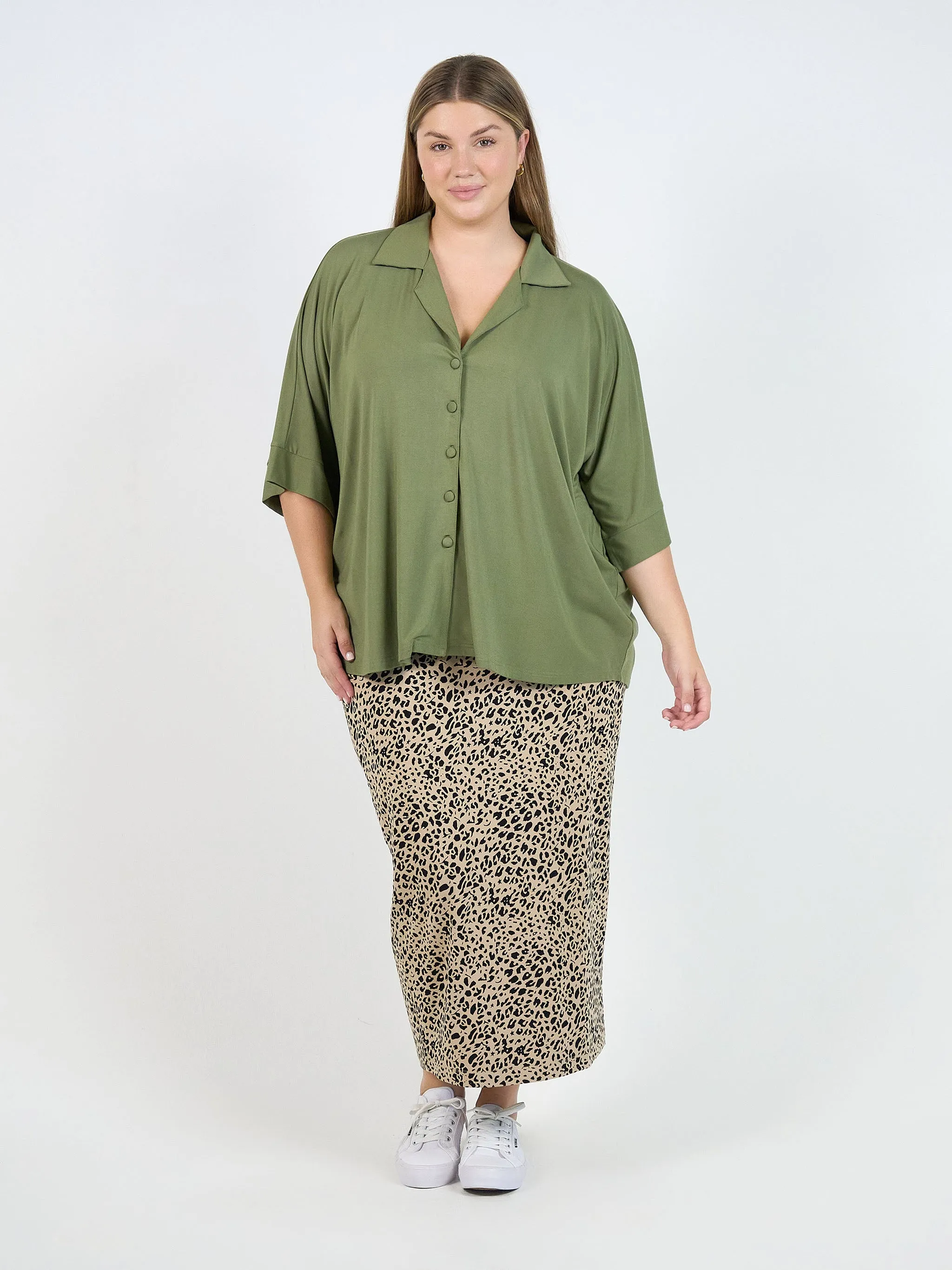 Alanis 3/4 Sleeve Collared Shirt - Olive