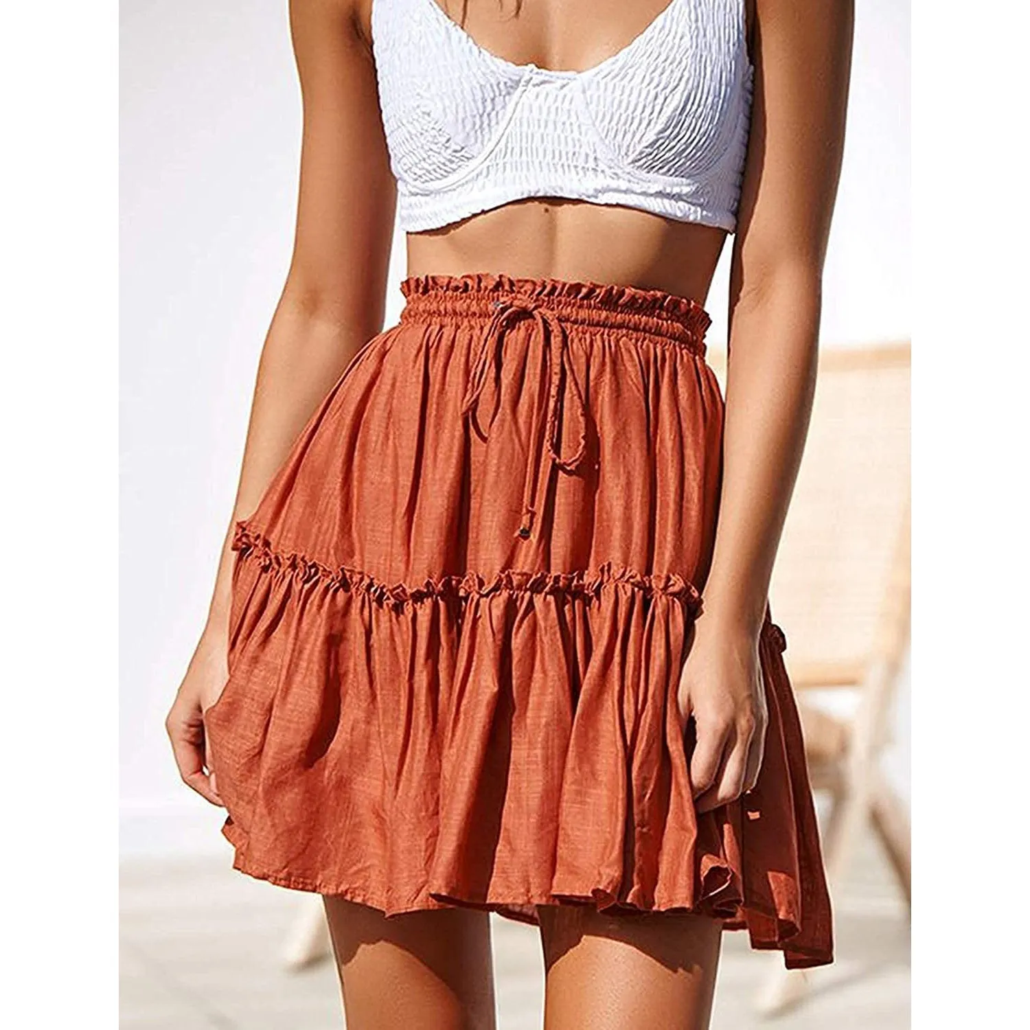 Arjungo Women's Ruffled Boho A Line Skater Mini Skirt