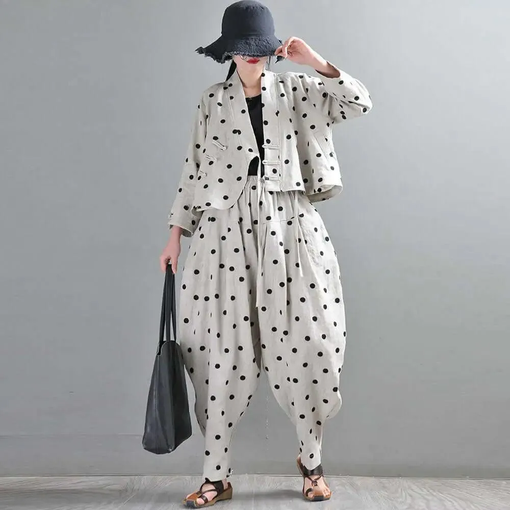 Autumn Retro Linen Polka Dot Suit with Bloomer Pants