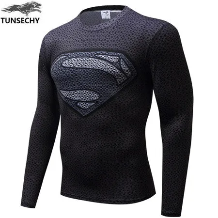Autumn Winter Superhero Superman/Batman/Spiderman Men Long Sleeve T Shirt Compression Tights Tops  T-shirt
