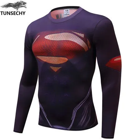 Autumn Winter Superhero Superman/Batman/Spiderman Men Long Sleeve T Shirt Compression Tights Tops  T-shirt