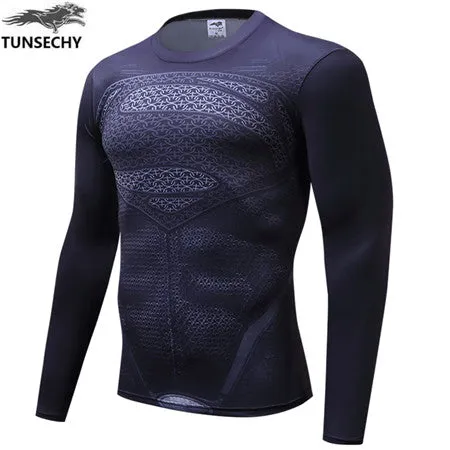 Autumn Winter Superhero Superman/Batman/Spiderman Men Long Sleeve T Shirt Compression Tights Tops  T-shirt