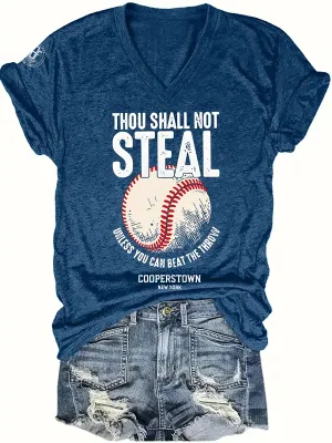 Baseball Print V Neck T-Shirt, Casual Short Sleeve
