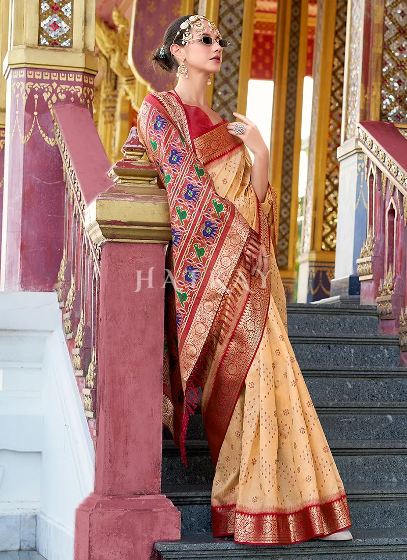 Beige and Red Ikat Printed Patola Silk Saree