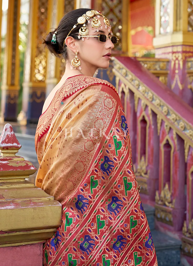 Beige and Red Ikat Printed Patola Silk Saree