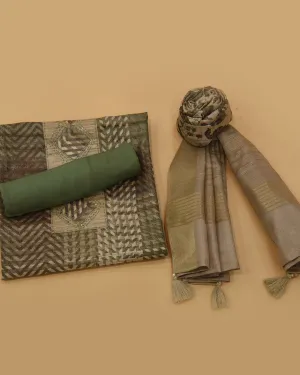 Beige With Green Cotton Silk Blend Printed With Embroidery Unstitched Suit Fabric Set With Cotton Silk Printed Dupatta
