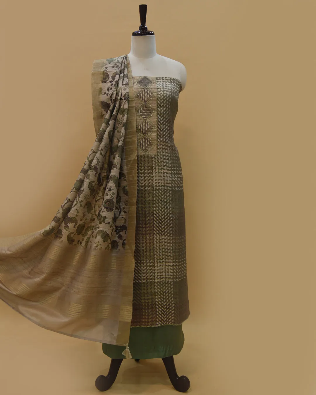Beige With Green Cotton Silk Blend Printed With Embroidery Unstitched Suit Fabric Set With Cotton Silk Printed Dupatta