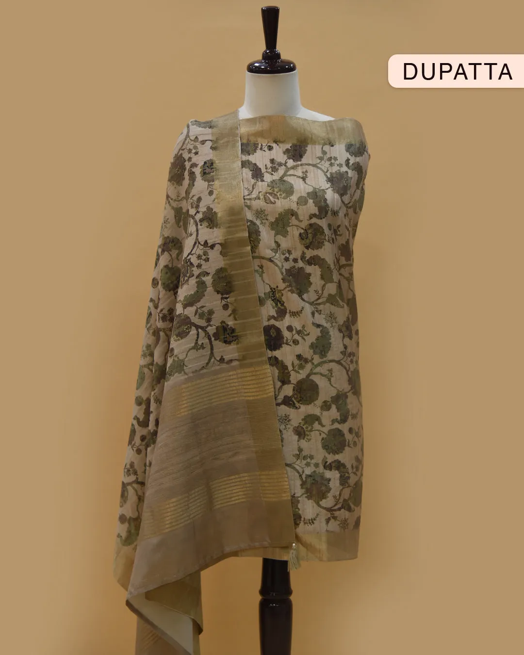 Beige With Green Cotton Silk Blend Printed With Embroidery Unstitched Suit Fabric Set With Cotton Silk Printed Dupatta