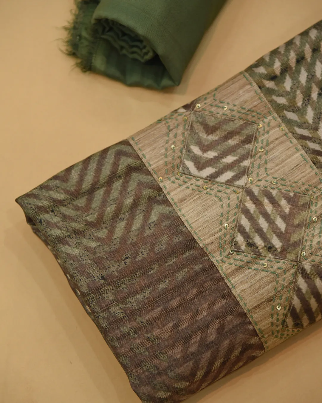 Beige With Green Cotton Silk Blend Printed With Embroidery Unstitched Suit Fabric Set With Cotton Silk Printed Dupatta