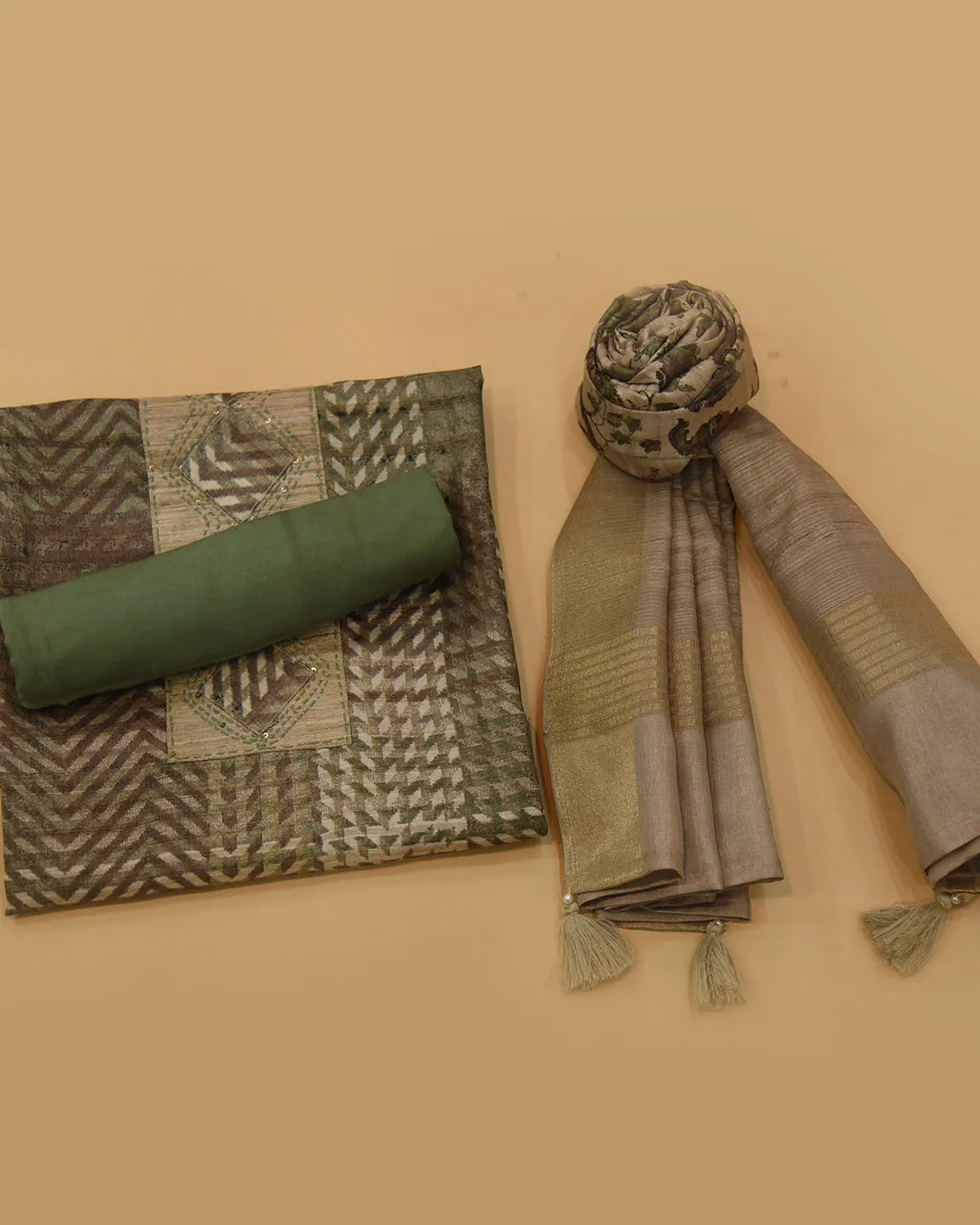 Beige With Green Cotton Silk Blend Printed With Embroidery Unstitched Suit Fabric Set With Cotton Silk Printed Dupatta