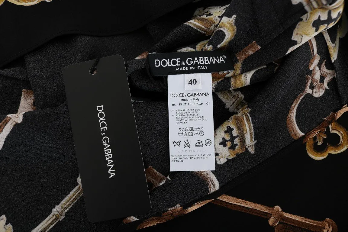 Black Gold Key Print Silk Blouse