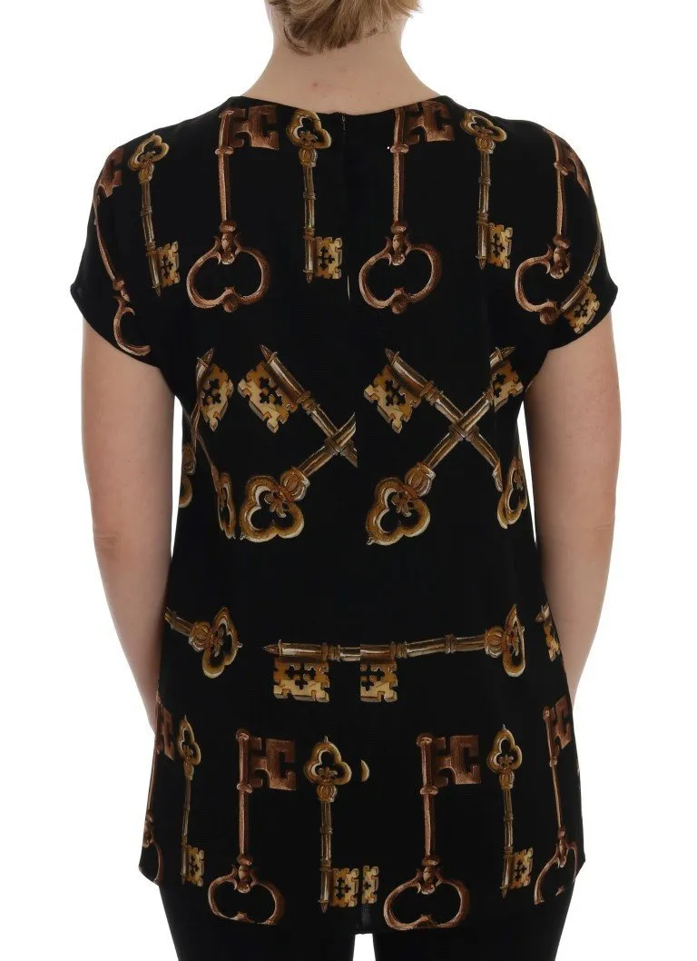 Black Gold Key Print Silk Blouse