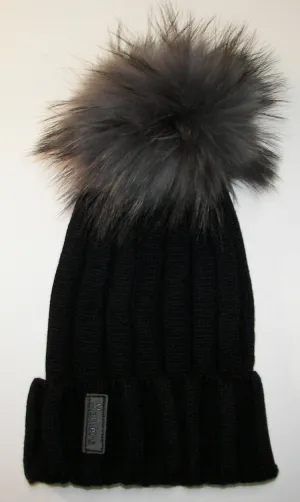 Black Ribbed Pom Pom Grey Fur Hat