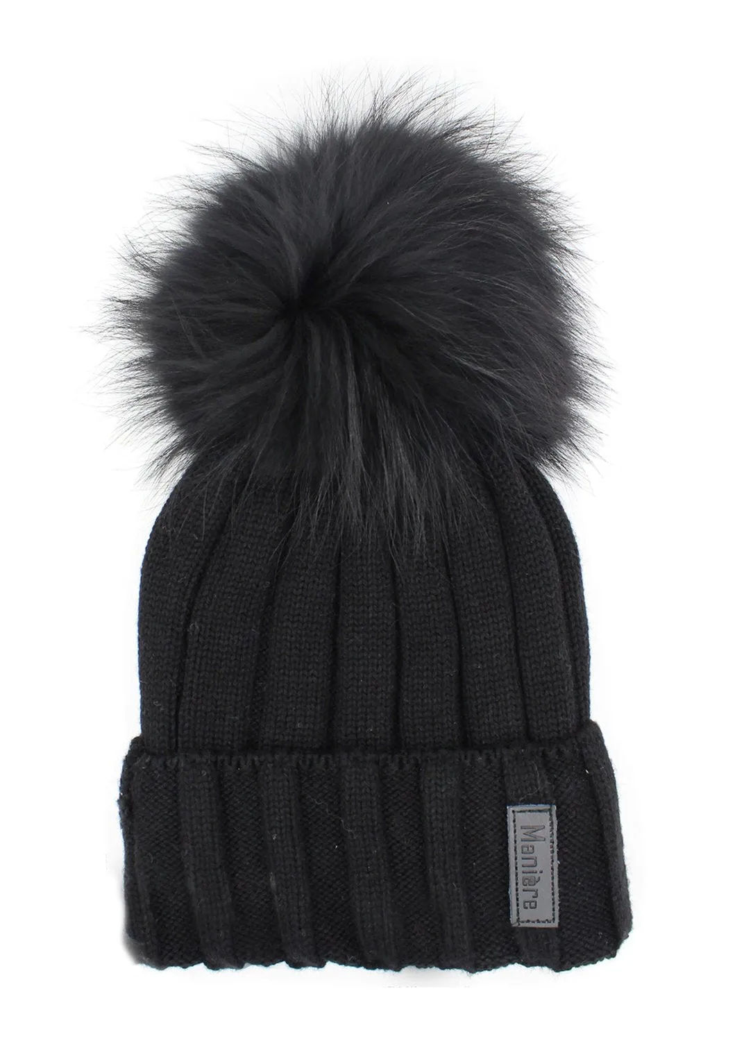 Black Ribbed Pom Pom Grey Fur Hat