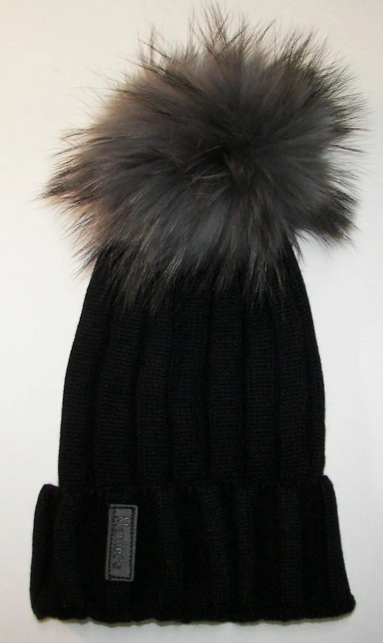Black Ribbed Pom Pom Grey Fur Hat