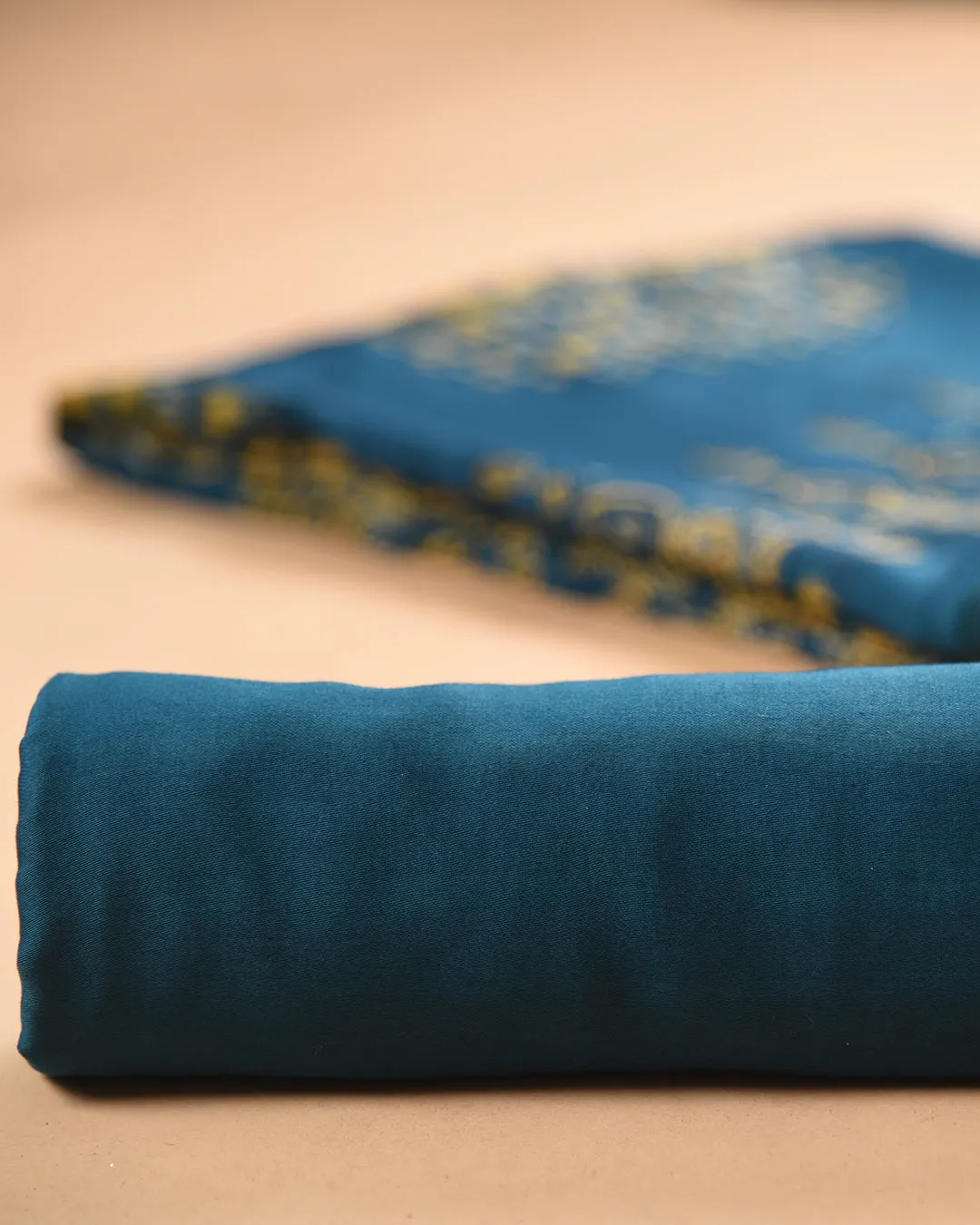Blue Modal Satin Blend Block Printed Unstitched Suit Fabric Set With Modal Satin Block Printed Dupatta