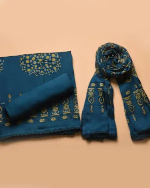 Blue Modal Satin Blend Block Printed Unstitched Suit Fabric Set With Modal Satin Block Printed Dupatta