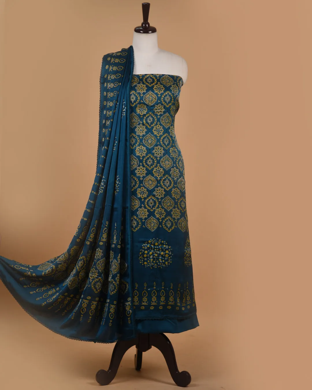 Blue Modal Satin Blend Block Printed Unstitched Suit Fabric Set With Modal Satin Block Printed Dupatta