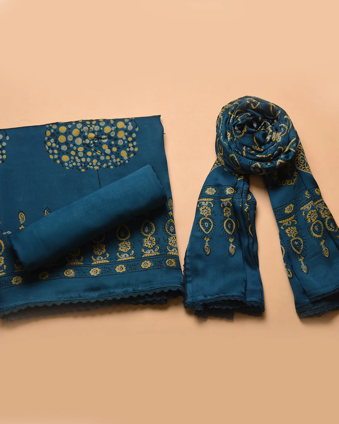 Blue Modal Satin Blend Block Printed Unstitched Suit Fabric Set With Modal Satin Block Printed Dupatta