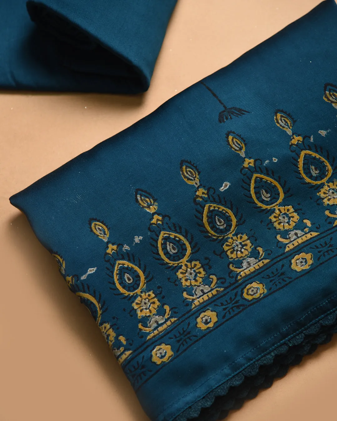Blue Modal Satin Blend Block Printed Unstitched Suit Fabric Set With Modal Satin Block Printed Dupatta