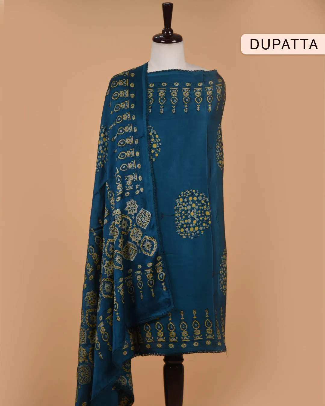 Blue Modal Satin Blend Block Printed Unstitched Suit Fabric Set With Modal Satin Block Printed Dupatta
