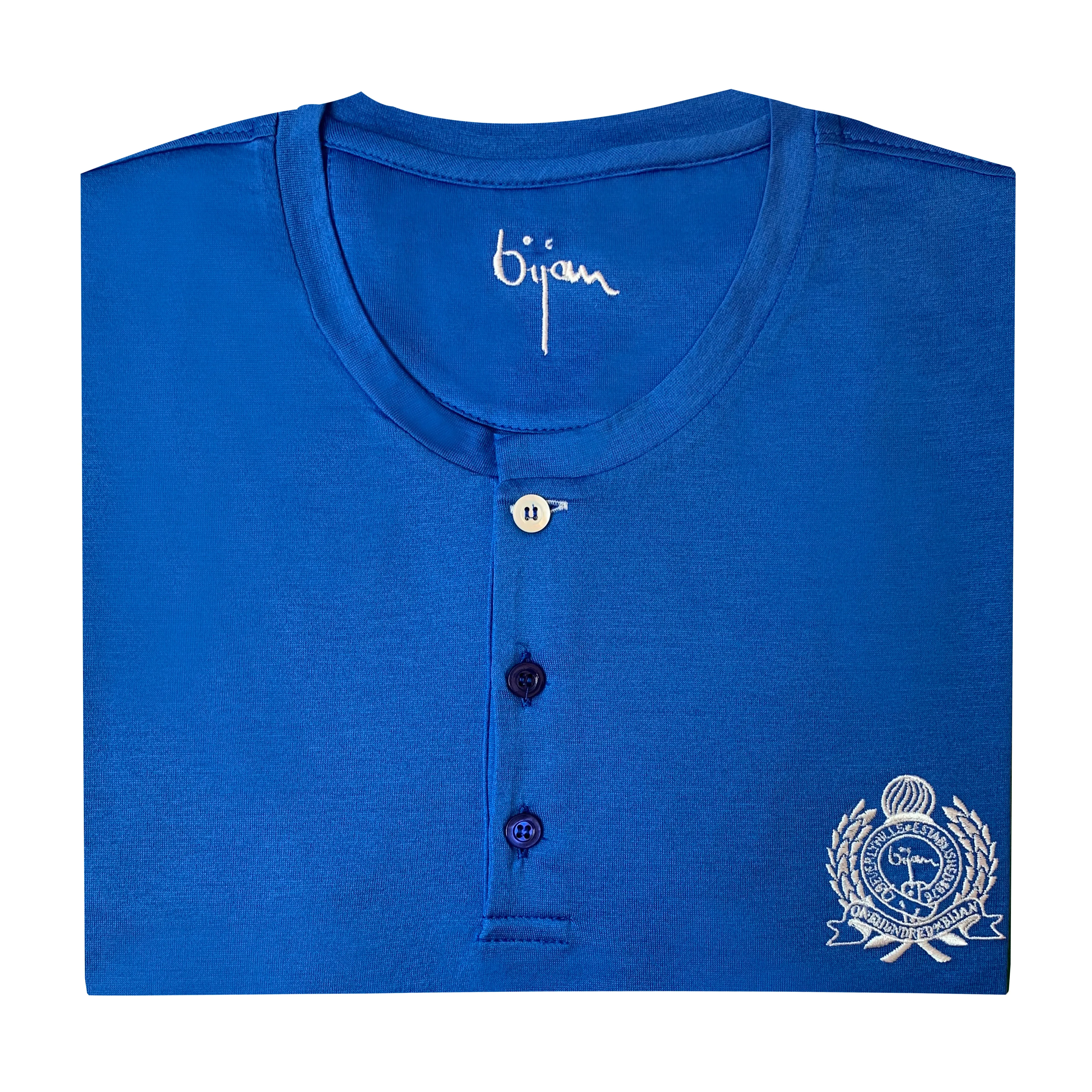 Blue Round Neck Short Sleeve T-Shirt with 3 Buttons