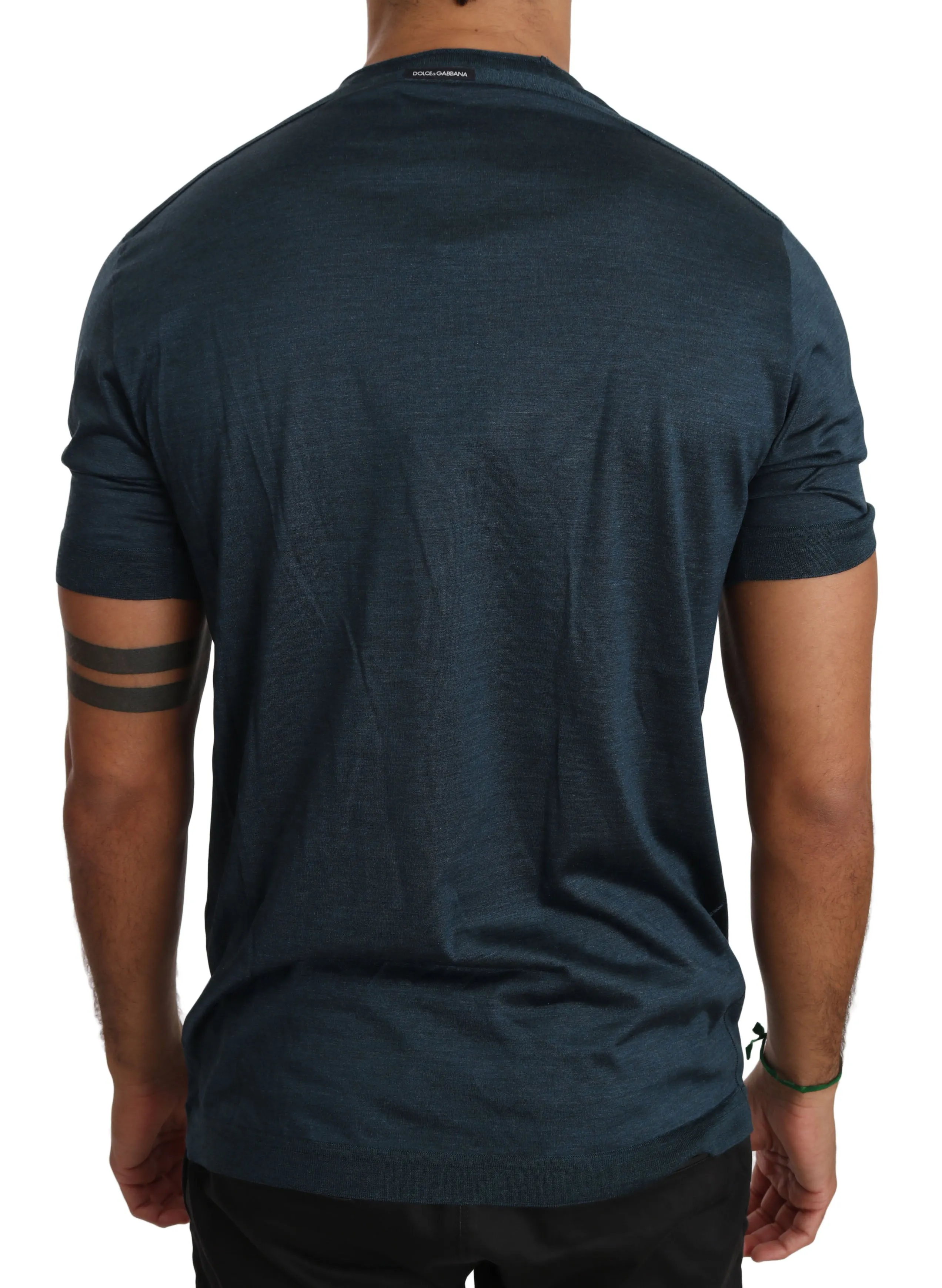 Blue Solid 100% Silk Top Logo T-shirt