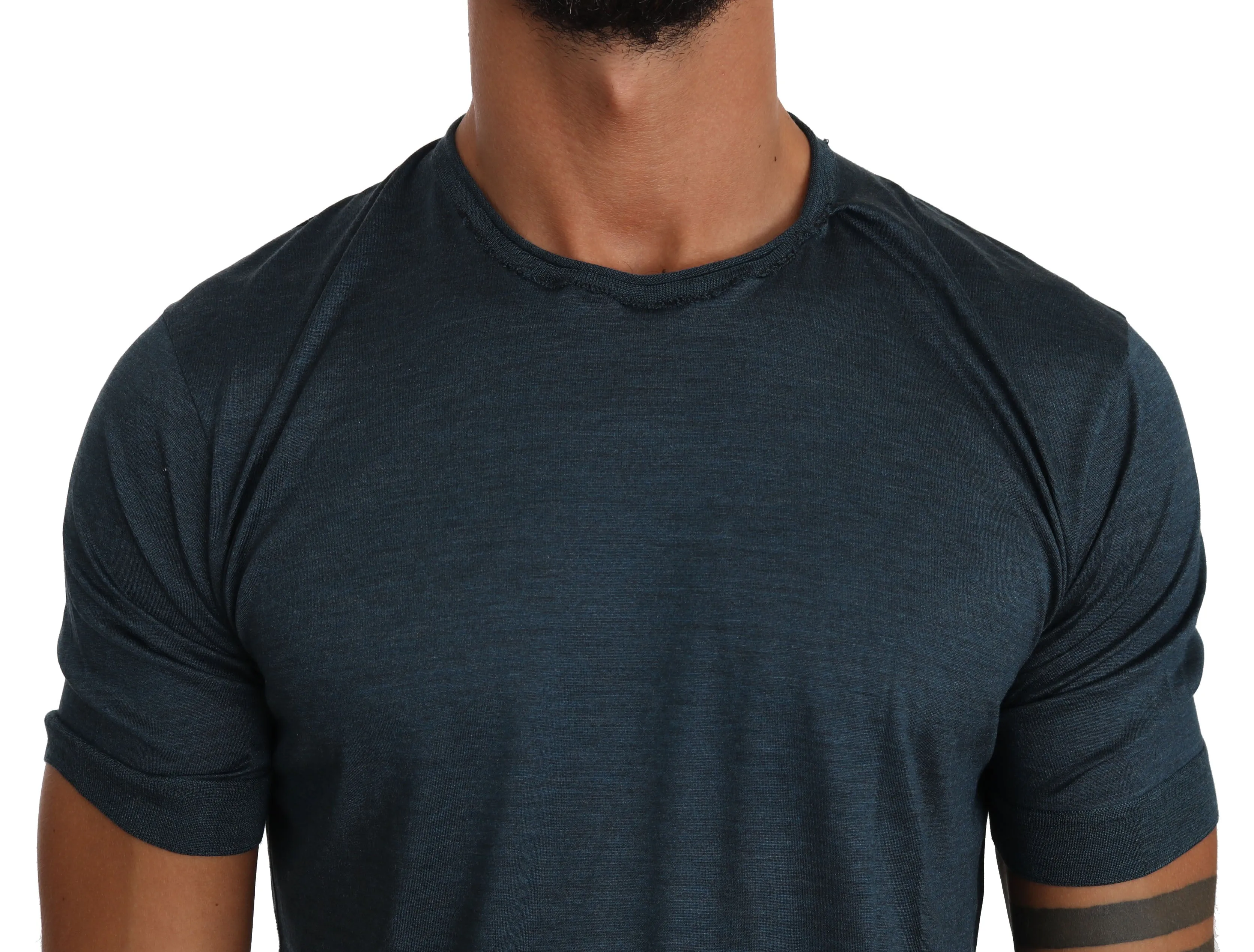 Blue Solid 100% Silk Top Logo T-shirt
