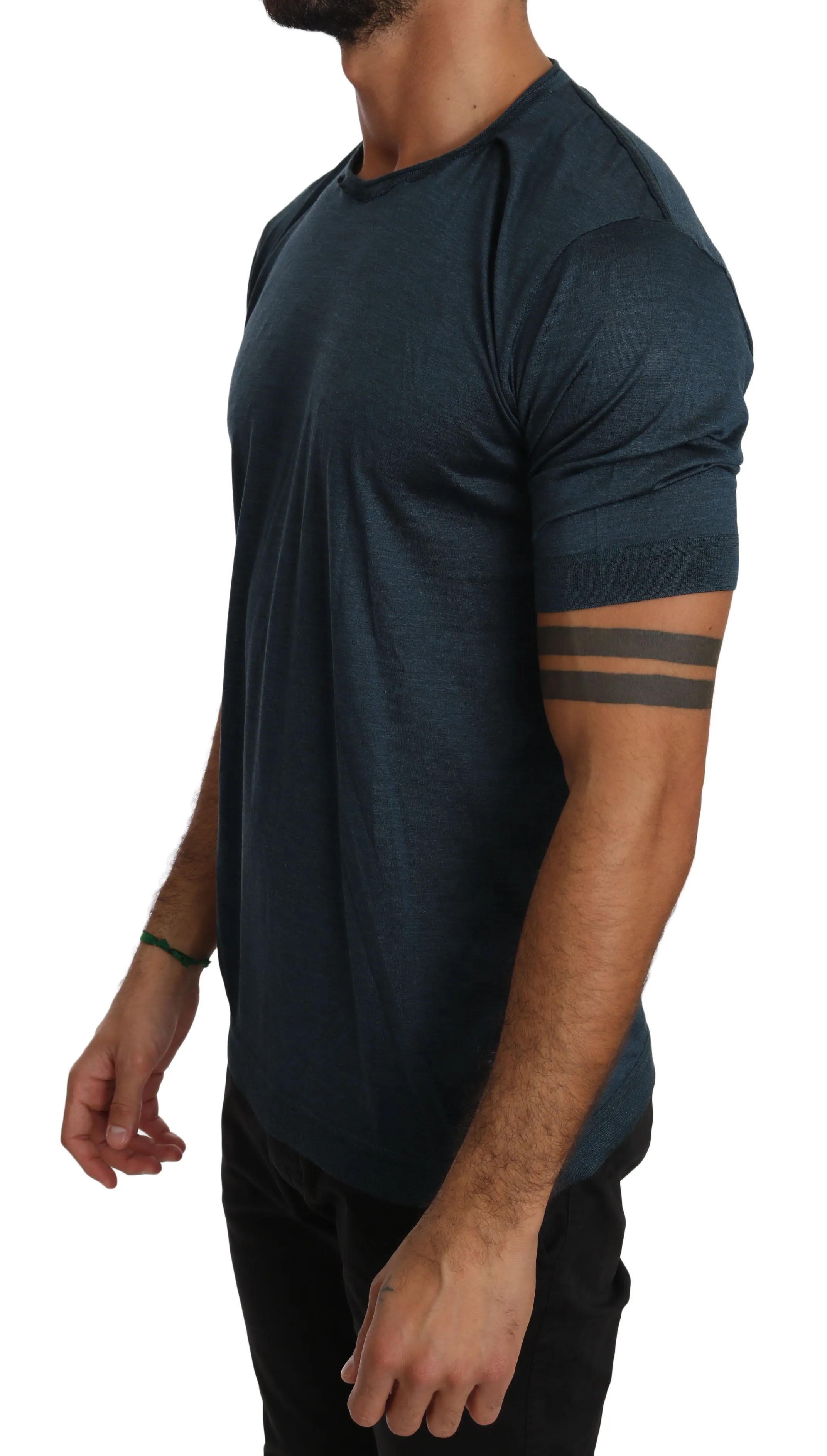 Blue Solid 100% Silk Top Logo T-shirt
