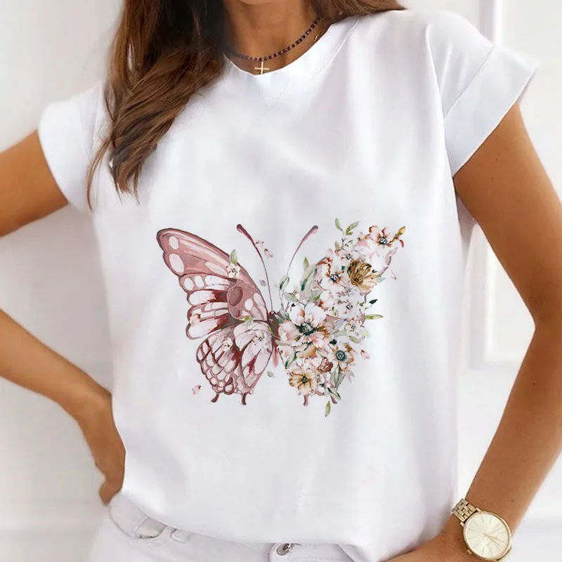 Butterfly Printed Women White T-shirts
