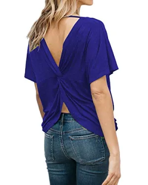 BYSBZD Womens Casual Plain Short Sleeve Open Back Knot Shirt Yoga Tops Blue S