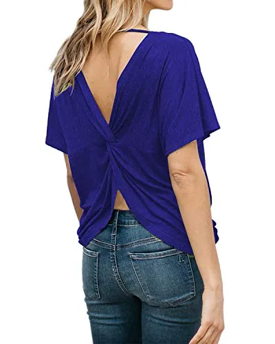 BYSBZD Womens Casual Plain Short Sleeve Open Back Knot Shirt Yoga Tops Blue S